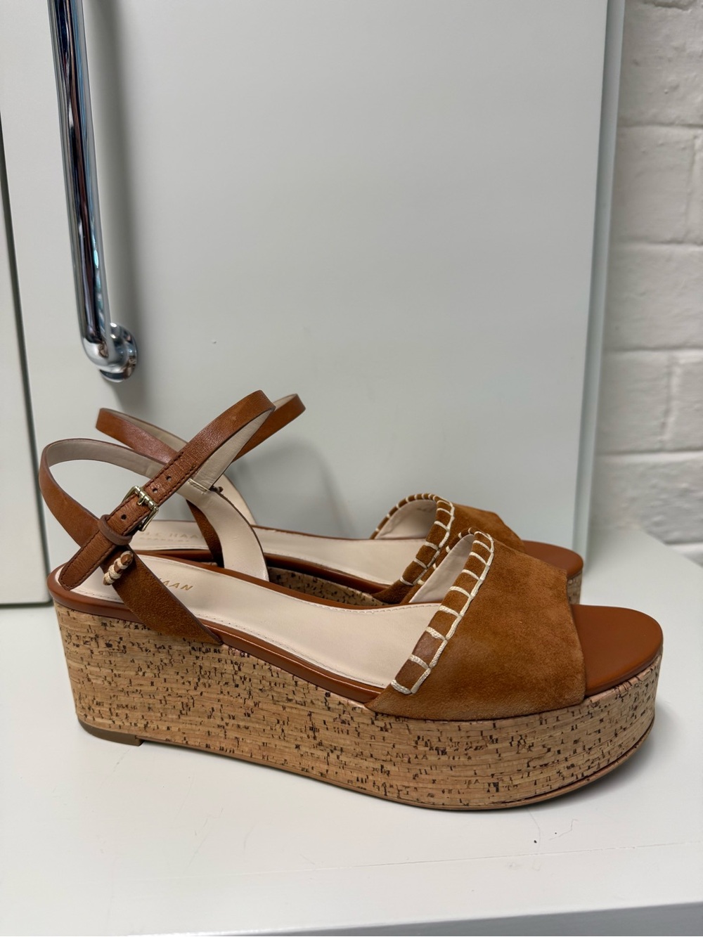 Cole Haan Brown Suede Cork Wedge Sandals with Ankle Strap